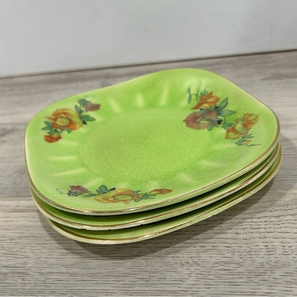 Vintage Emerald Glow Limoges China USA Made 6” Green Floral Plates Set Of 3 - Picture 6 of 6